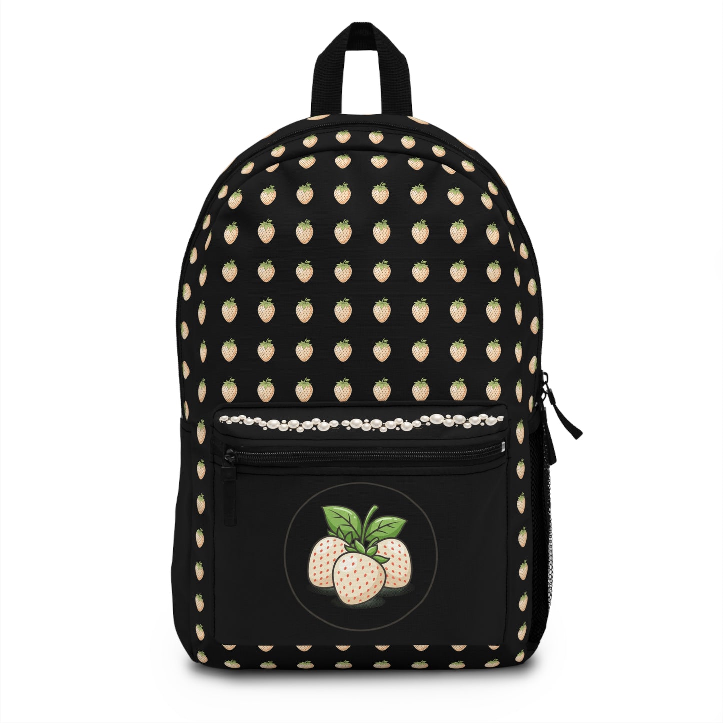 White Strawberry Pattern Backpack — Cute Fruit Print School Bag