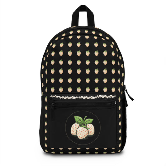 White Strawberry Pattern Backpack — Cute Fruit Print School Bag