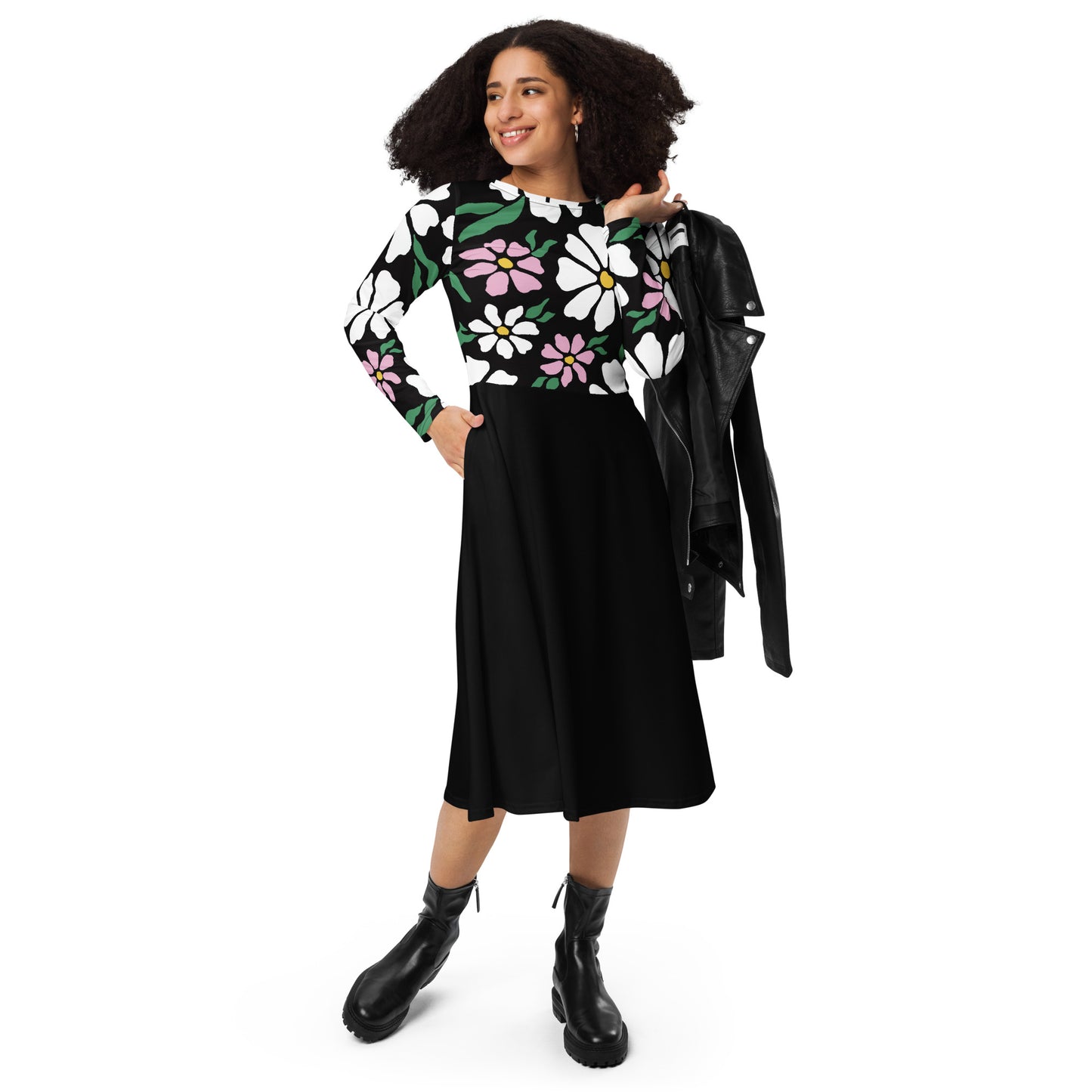 All-over print long sleeve midi dress